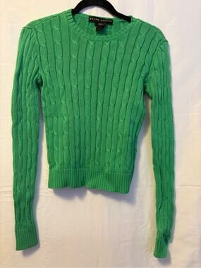 Ralph Lauren Bright Green Cable-Knit Scoop Neck Sweater Slim Fit Women's S